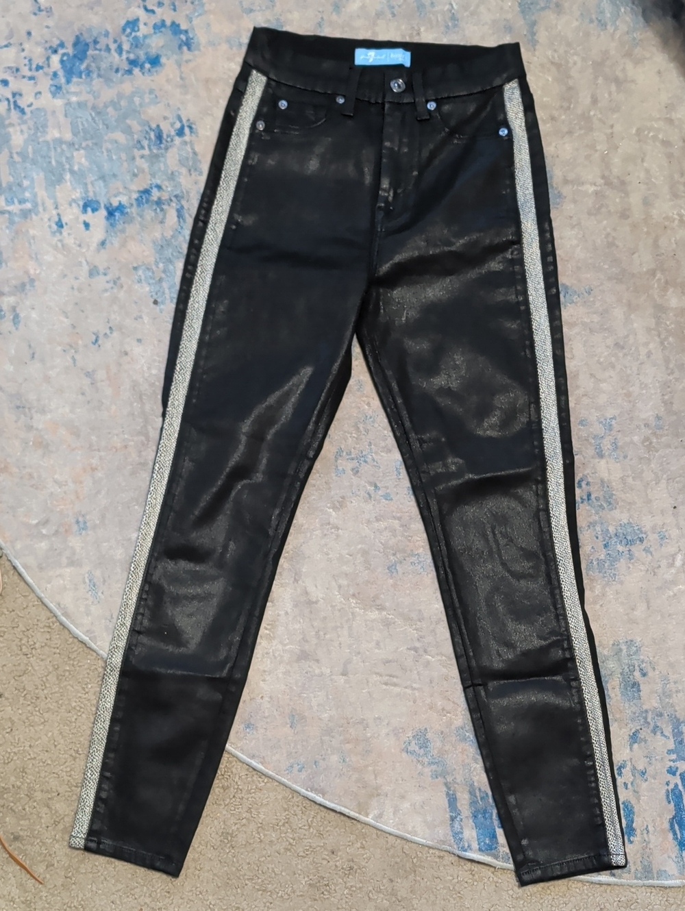 7 For All Mankind Black Coated Shiny Skinny Pants w/ Silver Side Trim Women's 25